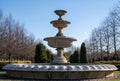 Formal flower gardens in Regent`s Park, London UK, photographed in springtime with water fountain in foreground. Royalty Free Stock Photo