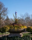 Formal flower gardens in Regent`s Park, London UK, photographed in springtime with water fountain in foreground. Royalty Free Stock Photo