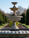 Formal flower gardens in Regent`s Park, London UK, photographed in springtime with water fountain in foreground. Royalty Free Stock Photo