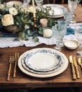 Formal holiday tablescape with blue decor, dinner table setting, table scape with elegant tableware and dinnerware for Royalty Free Stock Photo