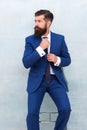 For formal occasion. Business fashion model fix tie. Bearded man with fashion look. Hipster in classy fashion style