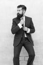 For formal occasion. Business fashion model fix tie. Bearded man with fashion look. Hipster in classy fashion style