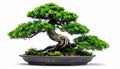 Formal Twisted Bonsai Tree in Ceramic Pot with Green Foliage on White Background Royalty Free Stock Photo