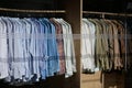 Formal wear fashion store, Men ,striped shirt on hanger. Royalty Free Stock Photo