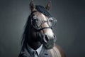 Formally dressed horse sporting glasses in portrait. Generative AI