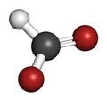 Formate anion, chemical structure. 3D rendering. Atoms are represented as spheres with conventional color coding: carbon (grey),