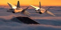 Formation of the fifth generation :Lockheed Martin F-22 Raptor of the US Air Force in flight above the clouds