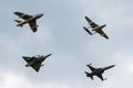 Formation of former Swiss Air force jet aircraft comprised of a de Havilland Vampire, Hawker Hunter, Northrop F-5 and Dassault Mir