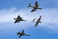 Formation of former Swiss Air force jet aircraft comprised of a de Havilland Vampire, Hawker Hunter, Northrop F-5 and Dassault Mir