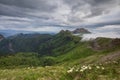 The formation and movements of clouds up to the steep slopes of the mountains of Central Caucasus peaks.