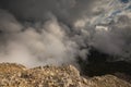 The formation and movements of clouds up to the steep slopes of the mountains of Central Caucasus peaks.