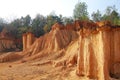 Formation pedestal mushroom rocks from erosion of sandstone of Phae Mueang Phi Forest Park for thai people foreign travelers