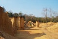 Formation pedestal mushroom rocks from erosion of sandstone of Phae Mueang Phi Forest Park for thai people foreign travelers