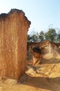 Formation pedestal mushroom rocks from erosion of sandstone of Phae Mueang Phi Forest Park for thai people foreign travelers