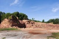 Formation pedestal rocks originated from soil landscape and natural erosion of sandstone into various shapes and digging pit on