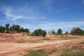 Formation pedestal rocks originated from soil landscape and natural erosion of sandstone into various shapes and digging pit on