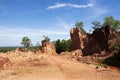 Formation pedestal rocks originated from soil landscape and natural erosion of sandstone into various shapes and digging pit on