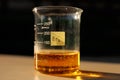 The formation of red liquid bromine in a beaker with a volume of 250 milliliters.