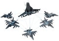 Formation of six fighter jets flying in sync with interconnected lines against a clear sky Royalty Free Stock Photo