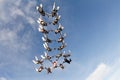 Formation skydiving in the blue sky.