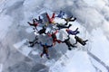 Formation skydiving. A group of skydivers is in the winter season.