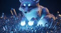 A mythical, luminous fox with glowing blue and white fur lies among crystal Royalty Free Stock Photo