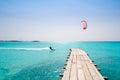 Formentera beach wood pier turquoise balearic sea Royalty Free Stock Photo