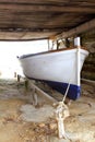 Formentera boat stranded on wooden rails Royalty Free Stock Photo