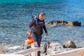 Diver fishing in the beautiful Cala d en Baster on the island of Formentera in the Balearic Islands in Spain