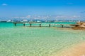 Formentera tropical Mediterranean sea wooden pier in Illetes beach Balearic Islands