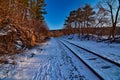 Winter on the rail tracks in Devils Lake State Park Royalty Free Stock Photo