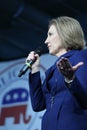 Former HP exec Carly Fiorina gestures during campaign speech