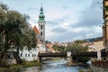 Former St. Jodock`s Church St. JoÃÂ¡t Church and barber`s Lazebnicky bridge in Cesky Krumlov, South Bohemia, Czech Republic