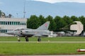 Former Swiss Air Force Dassault Mirage III fighter aircraft J-2012 HB-RDF flying in formation with a Hawker Hunter Royalty Free Stock Photo