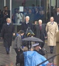 Former U.S. President Bill Clinton emerges from the library with President George W. Bush, former presidents Jimmy Carter and Royalty Free Stock Photo