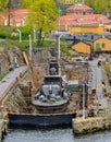 Formerly Swedish military warship - museum missile boat Ystad R142 on annual inspection at dry dock on Old wharf at Beckholmen.