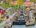 Formerly Swedish military warship - museum missile boat Ystad R142 on annual inspection at dry dock on Old wharf at Beckholmen.