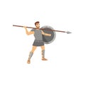 Formidable centurion with menacing look in steel armor going to throw spear isolated on white background Royalty Free Stock Photo