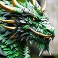 A formidable dragon with green scales close-up.