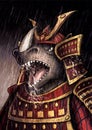 A formidable samurai rhino with an open mouth stands under heavy pouring rain. Portrait of a screaming, Japanese military