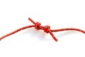 Forming a double fisherman`s knot to join two ropes together. Closeup of the two knots being joined by pulling the rope strings