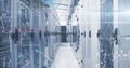 Forming parallel rows of server racks in data center, with network cables and overlaid formulas Royalty Free Stock Photo