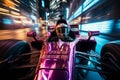 A formula driver helmet with motion blur, suggesting high speed on the racetrack. Generative AI