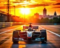 F1 race car arriving at the finish line at sunset . AI generated Royalty Free Stock Photo