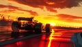 Formula one car go fast at the raceway during sunset Royalty Free Stock Photo