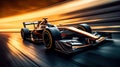 Formula One car speeding through a tunnel over blurred background. Speed, power, and danger. Concept of motor sport