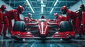 Formula one pit stop red jumpsuit crew shows competitive teamwork in high speed racing Royalty Free Stock Photo