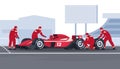 Formula one pitstop. Sports cars for competition. Transport for fast driving in races. Extreme sports on a car. Vector