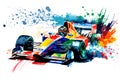 formula one race red car on watercolor rainbow splash, isolated on white. Neural network generated art Royalty Free Stock Photo