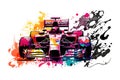 formula one race red car on watercolor rainbow splash, isolated on white. Neural network generated art Royalty Free Stock Photo